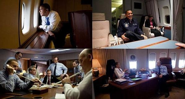 美国总统奥巴马与幕僚工作在&ldquo;空军一号&rdquo;。（图片来源：互联网）